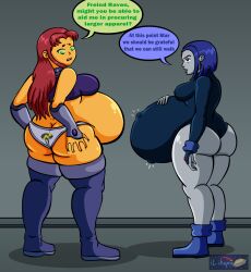 2girls belly belly_expansion big_ass big_belly big_breasts breasts dc_comics dialogue expansion female female_only grey_skin huge_belly hyper_pregnancy ilikapie leotard orange_skin panties pregnant purple_hair rachel_roth raven_(dc) red_hair speech_bubble starfire teen_titans