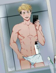 1boy atsumu_miya bathroom blonde_hair blush erection haikyuu!! light_skin male male_only muscular open_smile phone selfie shampoo_challenge smile solo toned toothbrush torotre towel towel_around_waist undercut yellow_eyes