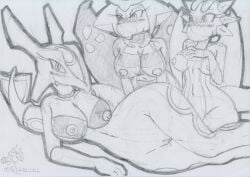 2022 altered_forme_giratina anthro anthrofied big_breasts blush bodily_fluids breasts cute_fangs dragon female genital_fluids genitals giratina graphite_(artwork) group kneeling leaning leaning_forward legendary_pokémon looking_at_another looking_at_viewer lunaris_parukia lying navel nintendo nipples nude on_side pokémon_(species) pokémorph pokemon pussy pussy_juice rayquaza salamence sally_(lunaris_parukia) seiza sitting smile traditional_media_(artwork) trio video_games