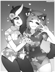 2girls ahegaokami demon_girl greyscale hawaiian_shirt original spooky_(ahegaokami) thick_thighs wholesome wolf_girl yuri