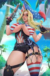 1girls blonde_hair blue_eyes breasts curvaceous curvy edemevas female female_only fingerless_gloves flintlock_pistol gloves gun hi_res large_breasts looking_at_viewer original pirate pirate_hat solo sword thick_thighs thighs wide_hips