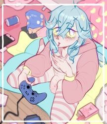 blue_hair clothed clothing controller cute_eyes femboy footwear game_controller gaming girly hair hi_res male no_underwear ohnobbsan pinup playing_videogame pose socks solo