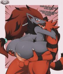 2022 anthro anthro_penetrated anus ass balls big_ass big_butt blue_eyes blush breasts dialogue digital_media_(artwork) duo english_text female female_penetrated female_zoroark fingers genitals hi_res incineroar knightmoonlight98 male male/female male_penetrating male_penetrating_female nintendo open_mouth penetration penis pokémon_(species) pokemon pokemon_(species) sex simple_background text video_games zoroark