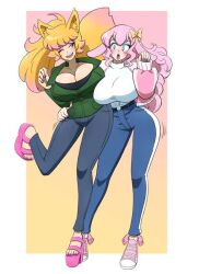 big_ass bimbo blonde_hair blue_eyes blush breast bunny_girl cleavage fox_girl heart-shaped_pupils hi_res high_heels hugging jeans kobi-tfs large_breasts open_mouth pink_hair pink_tips platform_heels tail wide_hips