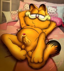 anthro balls bed feline furry garfield_(series) garfield_the_cat lobofeo pillow precum veiny_penis