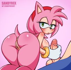 1boy 1girls amy_rose anthro anus ass blush bracelet breasts female furry gloves green_eyes half-closed_eyes handjob large_breasts looking_back male nude penis pink_hair pussy sandyrex sega sideboob solo_focus sonic_(series) sonic_the_hedgehog straight testicles white_gloves