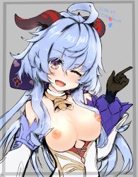 ahoge artist_name bangs bare_shoulders bell black_gloves blue_gloves blue_hair blush breasts dated detached_sleeves eyebrows_visible_through_hair female ganyu_(genshin_impact) genshin_impact gloves highres horns long_hair looking_at_viewer medium_breasts neck_bell nipples nose_blush open_mouth purple_eyes sagaui sidelocks smile solo upper_body white_sleeves