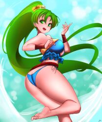 alternate_costume ass big_ass bikini blue_bikini blue_swimsuit breasts female female_only fire_emblem fire_emblem:_the_blazing_blade fire_emblem_heroes jaxartdump looking_at_viewer lyn_(fire_emblem) lyn_(summer)_(fire_emblem) nintendo official_alternate_costume open_mouth solo swimsuit