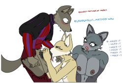 1boy 2girls anthro autumnflower_(game) bailey_(autumnflower) balls big_balls big_breasts big_penis blowjob blush bodily_fluids both_hands_on_penis breast_size_difference breasts canid canine canis clothing deep_throat dripping drooling fancy_clothing female fennec fox genitals group huge_cock humor kyron_farspire legwear licking_lips madmanransom male male/female mammal mercia_autumnflower neck_bulge oral penis ripped_clothing ripped_pants saliva saliva_drip saliva_on_penis saliva_on_tongue surprised_expression sweat text tights tongue tongue_on_penis topwear torn_clothing trio vest wolf