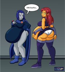 2girls alien alien_girl belly belly_expansion big_ass big_belly big_breasts breasts dc_comics expansion female female_only grey_skin huge_belly hyper_pregnancy ilikapie koriand'r leotard orange_skin panties pregnant purple_hair rachel_roth raven_(dc) red_hair starfire teen_titans