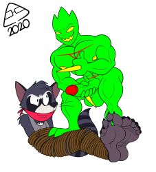 2020 abs anthro areola ass balls biceps big_balls big_butt big_penis bound computer_virus_(species) digital_creature digital_media_(artwork) dimitri_berring doritohead duo feet fur genitals gesture green_body green_skin grey_body grey_fur hand_on_penis hi_res long_tail looking_at_viewer lying male male/male mammal markings multicolored_body multicolored_fur muscular muscular_male muscular_thighs nipples nude on_back pecs penis procyonid raccoon rope signature simple_background smile striped_markings striped_tail stripes tail_markings thorn_(sonicality) thumbs_up toes white_background white_body white_fur