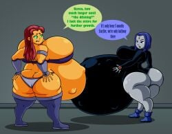 2girls belly belly_expansion big_ass big_belly big_breasts breast_expansion breasts bubble_butt dc_comics dialogue expansion female female_only fetal_movement grey_skin huge_ass huge_belly huge_breasts hyper_pregnancy ilikapie leotard orange_skin panties pregnant purple_hair rachel_roth raven_(dc) red_hair speech_bubble starfire teen_titans thick_thighs thighs