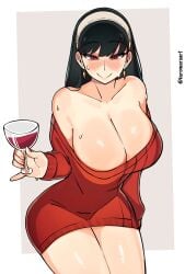 1girls black_hair blush breasts cleavage deep_cleavage drunk female female_only fully_clothed hi_res kuromaru_h kuromaruart large_breasts looking_at_viewer red_eyes solo spy_x_family sweat thighs wide_hips wine wine_glass yor_briar yor_forger