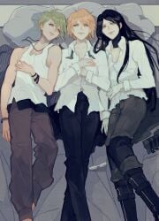 3boys androgynous bandage bandaged_hand bangs bed bed_sheet bedroom bird's-eye_view black_boots black_hair blonde_hair blue_eyes clothed clothing danganronpa danganronpa:_trigger_happy_havoc danganronpa_v3 detailed_background eyebrow_piercing glasses green_eyes green_hair light-skinned_male light_skin long_hair looking_at_viewer male male_only multiple_boys necklace on_back on_bed pale_skin pillow rantaro_amami shinguji_korekiyo short_hair smooth_skin togami_byakuya torotre unbuttoned_shirt yellow_eyes