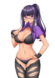 1girls absurdres bangs black_bra black_gloves black_hair black_panties bra bracelet breasts cleavage davyonmartz female fingerless_gloves glasses highres large_breasts long_hair looking_at_viewer mouth_hold navel open_clothes open_fly open_pants original panties ponytail purple_eyes shirt_lift sidelocks simple_background solo torn_clothes underwear white_background