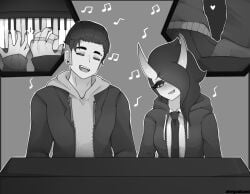 1boy1girl ahegaokami black_and_white black_nails cute demon_girl fingers heart king_(spicymothsteps) nervous piano spooky_(ahegaokami)