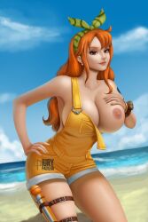 1girls areolae beach big_breasts breasts brown_eyes busty curvy female female_only hair_ribbon iury_padilha log_pose long_hair naked_overalls nami nipples one_breast_out one_piece one_piece_film_stampede orange_hair overalls posing post-timeskip sand seaside shoulder_tattoo solo strap_slip tattoo thick_thighs water wide_hips