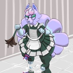 1:1 1boy accessory alolan_ninetales anthro blush bodily_fluids bow_(knot) cleaning_tool clothing cum doathejackalope eyewear feather_duster fur genital_fluids genitals glasses green_eyes green_sclera hi_res lavender_fur leaking_cum legwear maid_apron maid_uniform male male_only multi_tail ninetales nintendo penis penis_accessory penis_ribbon pokémon_(species) pokemon public regional_form_(pokémon) ribbons solo stockings uniform video_games