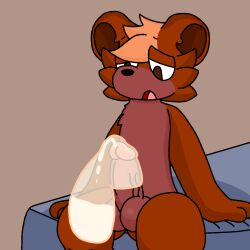 1:1 anthro balls bed bodily_fluids condom cum ejaculation erection filled_condom fur furniture genital_fluids genitals hair hi_res looking_down lyncario male mammal nude open_mouth penis sexual_barrier_device simple_background sitting solo tunbear_(lyncario) ursid