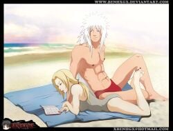 1boy 1girls abs barefoot beach beach_towel benhxgx big_breasts bulge dilf fingernail_polish fully_clothed holding_object jiraiya lipstick looking_at_book looking_at_object looking_at_partner lying_on_stomach makeup male/female mature mature_female mature_male milf muscular muscular_male nail_polish naruto naruto_(series) naruto_shippuden ocean outdoors reading relaxing sand seaside shirtless shirtless_(male) shore sitting swim_trunks swimsuit tied_hair toenail_polish trunk tsunade twintails water