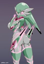 ass ass_grab ass_spread behind_view fan_character female fusion gardevoir illux mechanical metal neon neon_lights pokémon_(species) pokemon pokemon_(species) robot robot_gardevoir robot_girl stare teasing