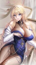 1girls absurd_res artoria_pendragon artoria_pendragon_(lancer) bangs black_bodysuit blonde_hair blue_eyes blush bodysuit braid breast_hold breasts clavicle cleavage clothing collar curvaceous curvy_female dress evening_gown eyebrows_visible_through_hair fate/grand_order fate_(series) female female_only fingernails flying_sweatdrops hair_between_eyes hand_on_chest hand_on_own_chest hi_res high_resolution huge_breasts indoors jewelry light-skinned light-skinned_female lips long_hair looking_at_viewer nail_polish no_bra open_mouth parted_lips petals pink_lips pink_nails revealing_clothes shiny_skin sitting skin_tight skindentation strapless_leotard sweat sweatdrop sweaty thighs tsuki_no_i-min voluptuous