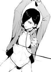 1boy artist_request bikini black_and_white bondage collar femboy jun_kurosu kurosu_jun leash leash_and_collar lingerie male male_only monochrome open_clothes persona persona_2 rope solo tagme_(artist)