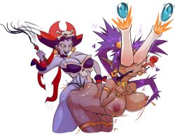 2girls :>= acrylictoon ass awooga ball_gag breasts eyes_bugging_out female female_only multiple_girls nipples purple_hair risky_boots shantae shantae_(character) strap-on transparent_background whip wild_take yuri