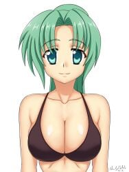 07th_expansion 1girls abridged-satoko big_breasts bikini bikini_top_only breasts busty cleavage female female_only green_eyes green_hair highres higurashi_no_naku_koro_ni large_breasts looking_at_viewer mion_sonozaki ponytail smile swimsuit