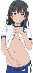 1girls black_hair breasts clothes_pull female female_only green_eyes grin highres long_hair looking_at_viewer medium_breasts mono_(artist) naughty_face navel no_bra saten_ruiko sensual shirt_pull smile solo solo_female sportswear teasing teenage_girl teenager to_aru_kagaku_no_railgun to_aru_majutsu_no_index undressing white_background young