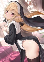 arched_back ass ass_focus ass_up ass_visible_through_thighs bangs bent_over big_ass black_dress black_legwear black_ribbon blonde_hair blush dress elf elf_ears eyebrows_visible_through_hair fat_ass female frills habit hair_ribbon huge_ass indoors interlocked_fingers large_ass leaning_forward long_ears long_hair long_sleeves looking_at_viewer low_twintails medium_breasts nun own_hands_clasped own_hands_together pelvic_curtain pointy_ears praying red_eyes revealing_clothes ribbon sennen_sensou_aigis side_view sidelocks solo swept_bangs tamakaga thick_ass thick_thighs thighhighs thighs twintails tytto_(sennen_sensou_aigis) window