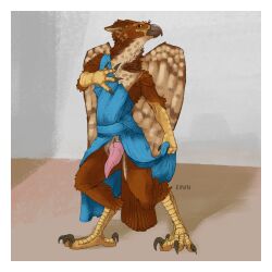 1:1 2022 4_toes accipitrid accipitriform anisodactyl anthro avian beak belly biped bird bird_feet black_beak black_claws blue_clothing blue_robe bottomless bottomless_anthro bottomless_male brown_body brown_feathers buteo chickenhawk claws clothed clothing colored digital_media_(artwork) einin erection feathered_wings feathers feet genitals gryphon hi_res knot light_belly looking_away male mythological_avian mythology penis pink_penis red-tailed_hawk signature simple_background solo standing tail_feathers talons tan_belly tapering_penis toes toga topwear wings yellow_feet yellow_talons