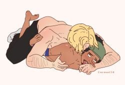 afro black_hair blonde_hair doggy_style half_naked laying_down long_nose male male_only on_the_floor one_piece sanji usopp vinsmoke_sanji yaoi