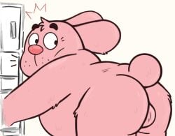 2022 anthro ass backsack balls belly big_belly campfire_donut cartoon_network genitals hi_res lagomorph leporid male male_only mammal overweight overweight_male pink_body rabbit richard_watterson solo surprise the_amazing_world_of_gumball