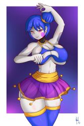 1girls ballerina ballet ballora ballora_(fnafsl) blush bra earrings five_nights_at_freddy's five_nights_at_freddy's:_sister_location five_nights_in_anime hair_bun hair_ornament huge_breasts jewelry legwear lipstick looking_at_viewer necklace one_eye_closed panties pose purple_background purple_bra purple_cheeks purple_eyes purple_legwear purple_stockings purple_thighhighs purplehorny shiny_skin simple_background skirt smile solo stockings thighhighs tiara tied_hair transparent_clothing tutu white_background white_body white_skin wink