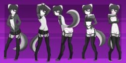 2:1 anthro black_hair blush bottomwear bra breasts clothed clothing erdfurry female fishnet flat_chested footwear footwear_only fur genitals goth grey_body grey_fur hair leah_(erdfurry) mammal mostly_nude nude panties purple_eyes pussy shirt skirt small_breasts socks socks_only sports_bra topwear underwear undressing