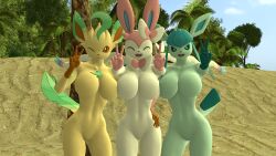 3d 3d_(artwork) 3girls anthro beach breasts double_v eeveelution featureless_breasts female furry glaceon leafeon nude pokemon pokemon_(species) pokemon_species skulltronprime969 sylveon tagme trio v_sign