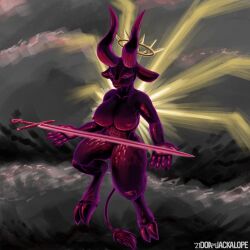 angel anthro bovid breasts caprine demon doathejackalope female goat halo hi_res mammal melee_weapon nude solo sword weapon wings