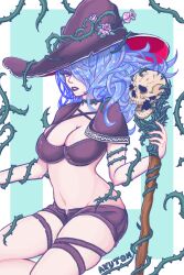 1girls akutom alternate_hair_color bare_thighs blue_hair breasts camilla_(fire_emblem) cleavage female female_only fire_emblem fire_emblem_fates hair_over_one_eye large_breasts lipstick long_hair looking_at_viewer nintendo pink_eyes purple_lips purple_lipstick shorts skindentation solo staff thighs witch witch_hat