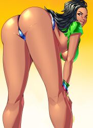 1girls ass ass_focus asymmetrical_hair bent_over black_hair brazilian brazilian_female brown_eyes butt capcom daisy_dukes dark-skinned_female dark_hair dark_skin dat_ass denim_shorts female female_only large_ass latina laura_matsuda long_hair looking_at_viewer looking_back minishorts presenting_ass redbone seductive_look seductive_smile short_shorts shorts side_shave smile solo street_fighter street_fighter_v viewed_from_below xdtopsu01