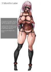 1girls ankle_cuffs arms_behind_back artist_request bit_gag blindfold bridle collar english_text face_harness female female_only gag harness huge_breasts human latex leather long_nipples pink_hair slave solo tagme_(artist) text white_skin