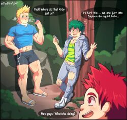 3boys after_oral blonde_hair blue_eyes caught_in_the_act condom_packet_strip eijirou_kirishima english_text erection_under_clothes fermrviper gay green_eyes green_hair holding_phone izuku_midoriya male male/male male_only mirio_togata my_hero_academia precum_through_clothing red_eyes red_hair sandals shorts sweatdrops torn_pants yaoi