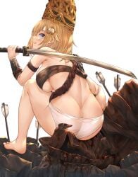 1girls armor ass ass_cleavage blonde_hair butt_crack crossover crucible_knight earrings elden_ring facesitting feet fromsoftware hat heel hololive hololive_english hololive_myth honkivampy katana looking_at_viewer looking_back looking_pleasured pale_skin pointy_hat underwear undies virtual_youtuber watson_amelia white_background