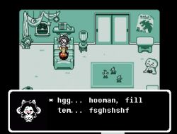 1boy 1girls 2d artist_request bed bedroom blush breasts cat chara english_text female furry game_ui glowing_eyes humanoid male male_chara pixel_art sex size_difference small_breasts smaller_female sprite_art sweat talking temmie_(undertale) text text_box ts_underswap underswap undertale undertale_(series) undertale_au