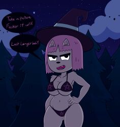 1girls 2020 2020s belly belly_button bikini breasts colored dialogue ears_visible_through_hair english english_text feet_out_of_frame female female_only forest fur ghostlydoodles hand_on_hip night open_mouth pentagram pink_hair smug smug_face spookyryder star summer_camp_island susie_mccallister tagme thighs white_skin witch witch_hat