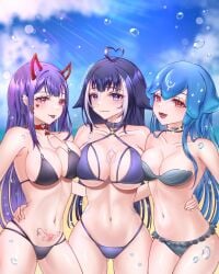 3girls akuma_nihmune bao_(vtuber) beach bikini breasts chussy cleavage female female_only huge_breasts indie_virtual_youtuber light-skinned_female light_skin looking_at_viewer marking_below_eyes revealing_clothes shylily succubus succubus_tattoo the_bikini_bottoms virtual_youtuber wonnikon