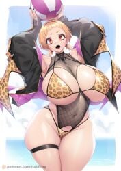 1girls 2022 beach beach_ball bikini blonde_female blonde_hair breasts female female_only hips holding_object huge_breasts jacket leopard_print leopard_print_bikini lilith_(naidong) massive_breasts naidong original original_character outdoors painted_nails pointy_ears pointy_teeth red_eyes short_hair thick_thighs thighs water wide_hips yin-ting_tian