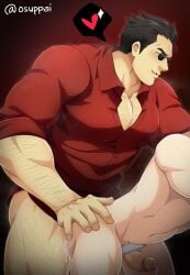 2boys bara black_hair cum ejaculation gay hand_on_hip helltaker helltaker_(character) kaiki_(osuppai) male_only male_pubic_hair multiple_boys open_clothes open_shirt pubic_hair red_shirt shirt sunglasses yaoi