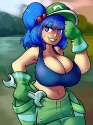 1girls big_ass big_breasts blue_hair breasts_bigger_than_head cap cleavage engineer enormous_breasts gloves huge_ass huge_breasts massive_breasts nitori_kawashiro royaloppai smile sweat tagme tank_top touhou