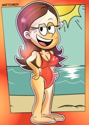 1girls beach bobbie_fletcher breasts brown_hair cleavage_cutout female female_only frankiidoodle9 one-piece_swimsuit sketchboy swimsuit the_loud_house